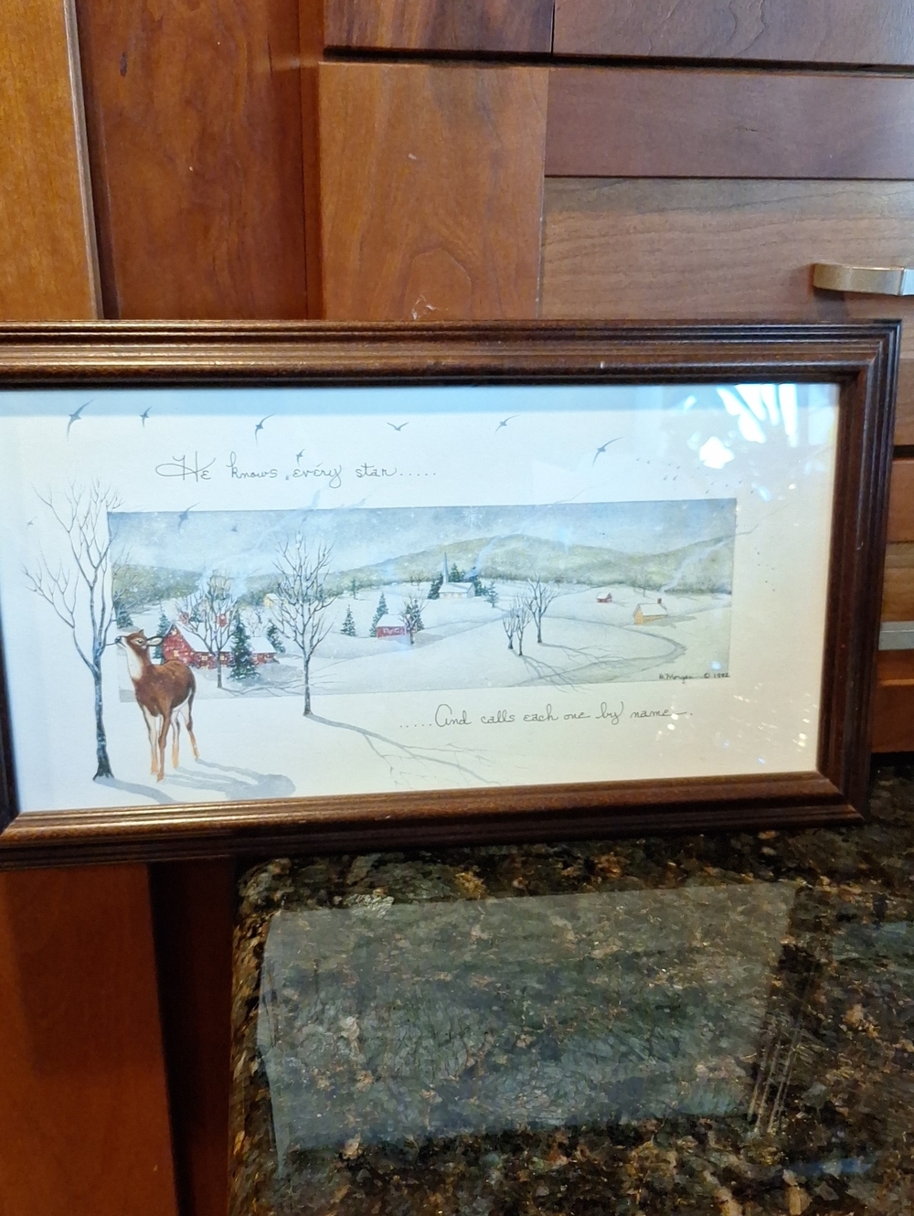Winter Landscape. 1992 D. Morgan Brown Frame, White Accent 9× 16" Framed Size